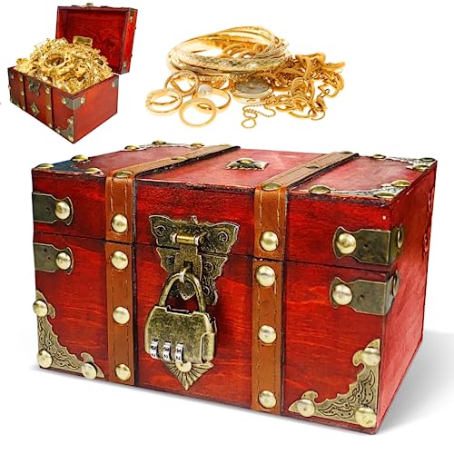 Schatztruhe Holz Schatzkiste mit Schloss für Kinder, Schatzkiste Klein Kindergeburtstag Hochzeit Vintage Kiste Abschließbar Truhe Aufbewahrungsbox