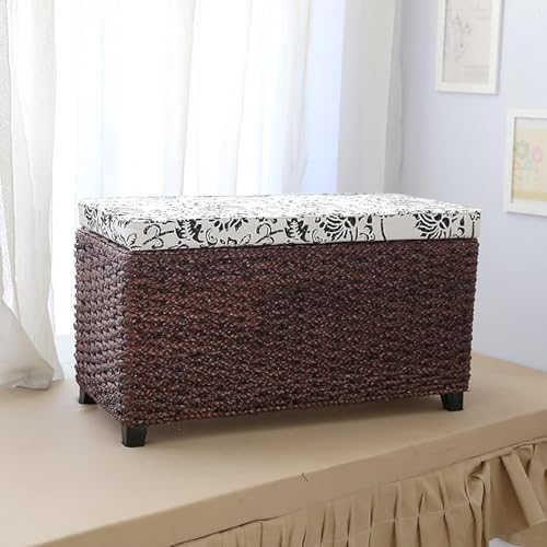 Handgewebte Korbtruhe, Ottomane mit Stauraum aus natürlichem Rattan, Ottomane im Landhausstil mit Stauraum-Organizer für Wohnzimmer, Schlafzimmer, Bank, Walnuss, g 60 x 30 x 40 cm
