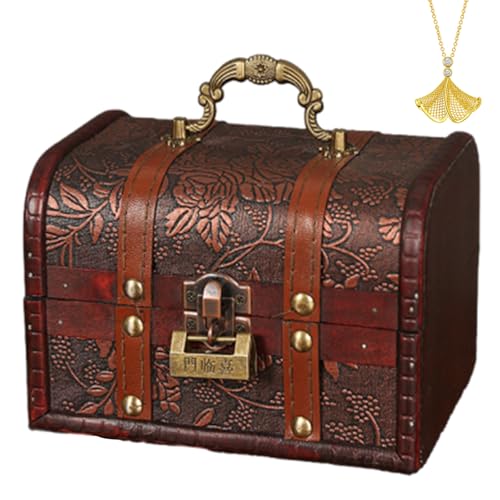 Vintage-Aufbewahrungsbox, kleine Schatz-Holzkiste mit Deckel, Schatz-Aufbewahrungsbox mit Griff und Schloss, Vintage-Schatzkiste, Retro-Truhe, dekorative Schatulle für Schmuck, Perlenschmuck, Holzkist