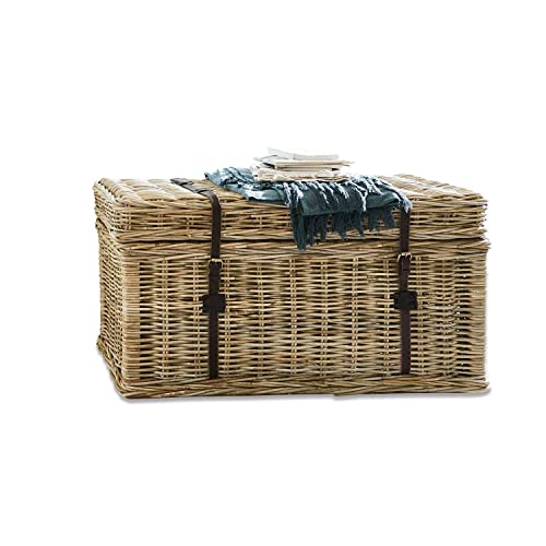 Loberon Truhe Finette, traditionelles Flechtwerk, nostalgischer Look, robust, Aufbewahrung, Mahagoniholz, Rattan, Büffelleder, braun