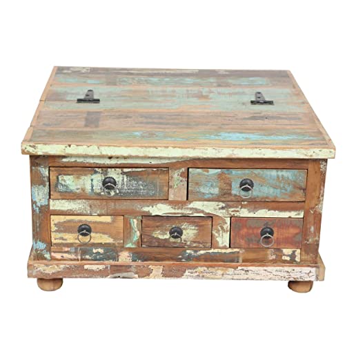 Casa Moro Shabby Chic Truhentisch Venezia 70x70x38 cm recyceltes massiv Holz mit 5 Schubladen | Couchtisch quadratisch | Vintage Wohnzimmertisch mit klappbarer Tischplatte | CAC120