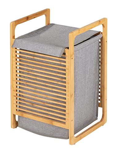 WENKO Wäschetruhe Bahari, hochwertiger Wäschekorb aus Bambus kombiniert mit grauem, abnehmbarem und waschbarem Wäschesack, geschlossener Wäschesammler, Fassungsvermögen 43 Liter, 40 x 60 x 35 cm