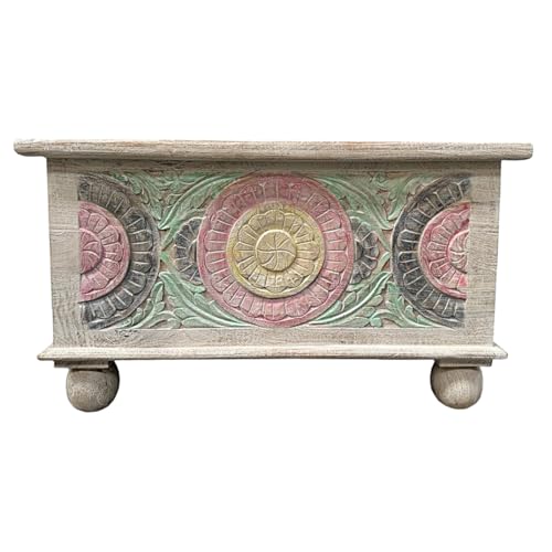 Oriental Galerie Shabby Chic Holztruhe Indische Truhe mit aufwendiger Schnitzerei weiß Whitewash 80cm