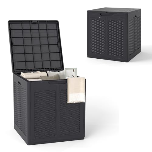 HOMASIS Auflagenbox wetterfest, Gartenbox aus PP-Rattan, abschließbar Aufbewahrungsbox mit Deckel, Gartenmöbel Kissenbox Auflagentruhe Gartentruhe Outdoor (Braun, 145L)