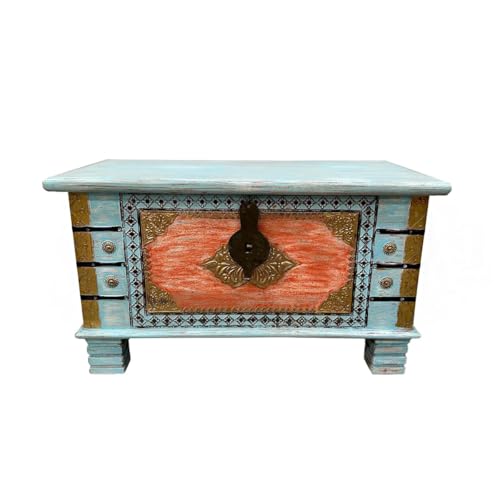 Oriental Galerie Shabby Chic Holztruhe mit Messingbeschlag Schatztruhe Truhe Kiste Box Holz Indien Massiv Antik-Optik Hellblau Orange 80cm