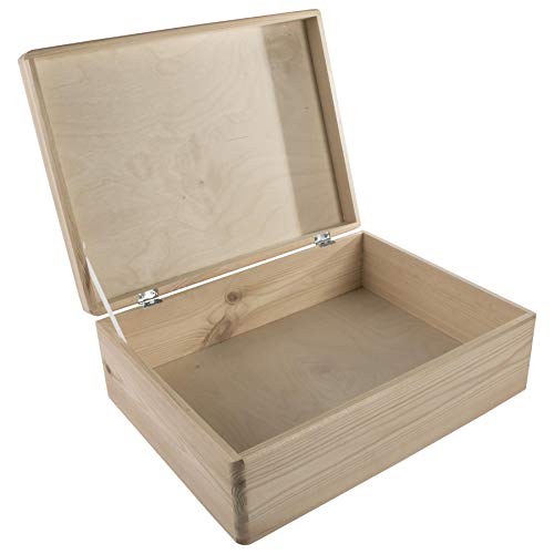 Rechteckige große Aufbewahrungsbox aus Holz mit Scharnierdeckel & Halteband | 40 x 30 x 14 cm | Andenken Truhe | unlackierte Kiefer zum Dekorieren Basteln.