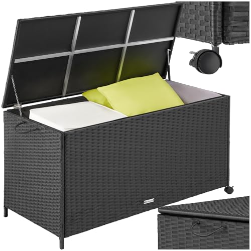 tectake® Poly Rattan Gartenbox wetterfest, outdoor Box mit Deckel, Auflagenbox, rollbar, Aufbewahrungsbox für Garten, Terrasse und Balkon, 117 x 54 x 64 cm, 297l - schwarz