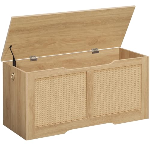 HOOBRO Truhen, Sitzbank mit Stauraum, Spielzeugkiste mit Deckel, 100 cm Rattan-Aufbewahrungstruhe mit Sicherheitsscharnier, Aufbewahrungsbox, für Kinderzimmer, Schlafzimmer, Natur ENL11CW01