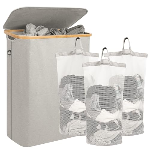Evohome Wäschekorb 3 Fächer mit Deckel zur einfachen Trennung, 156L | Wäschesack Wäschetrenner Wäschesortierer Wäschebox Wäschetonne Wäschesammler Wäschetruhe Waschekorbsammler