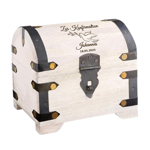 Weiße Schatztruhe mit Gravur zur Konfirmation, Tauben Motiv, Personalisierte Schatzkiste, Deko Holztruhe, Konfirmation Geschenk, Geschenke zur Konfirmation, Konfirmationsgeschenke, Geldgeschenk