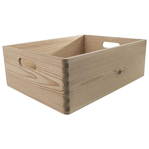 Mittelgroße stapelbare Holzkiste | 40 x 30 x 14 cm | mit Griffen | Offene Oberseite ohne Deckel Präsentations-Organizer Truhe zur Aufbewahrung | unlackiert dekorativ Kiefer.