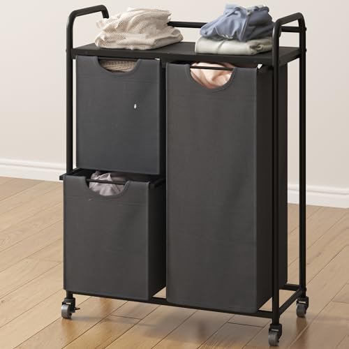 Hzuaneri Wäschekorb 3 Fächer, 1 x 64L, 2 x 32L, Wäschesammler mit 1 Ablagen, Wäschesortierer, Wäschesack ausziehbar und abnehmbar, für Badezimmer, Waschküche, grau LB08704B