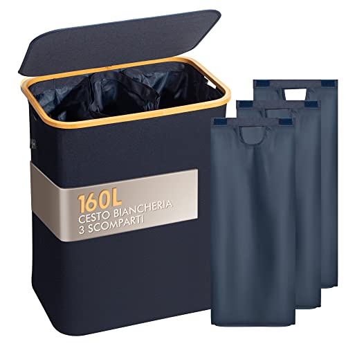 Tiklife Wäschekorb mit Deckel 3 Fächer Wäschekorb 160L Wäschesack Wäschesortierer Wäschebox Faltbare Wäschekörbe 160-blau