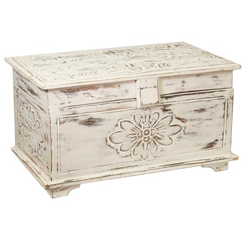 Oriental Galerie Truhe Holzkiste Holztruhe Schatztruhe Kiste Box Palmenholz Holzbox Blumen Schnitzereien Shabby Used Look Weiß Mittel 50 cm