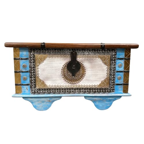Oriental Galerie Shabby Chic Holztruhe mit Messingbeschlag Schatztruhe mit Rollen Truhe Kiste Box Holz Indien Massiv Antik-Optik Blau Braun 80 cm