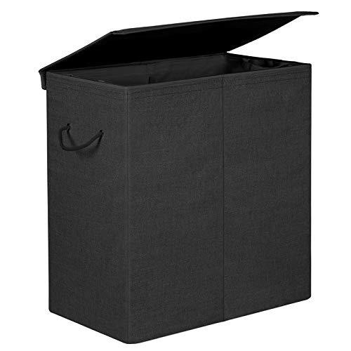 SONGMICS Wäschekorb, 142 L, 2 Fächer aus Leinenstoff, Trennwand für Kleidung mit magnetischem Deckel und Griffen, faltbar, herausnehmbarer Innentasche, Schwarz LCB02BK