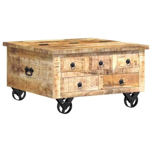 vidaXL Raues Mangoholz Couchtisch mit 5 Schubladen 1 Staufach Vintage Beistelltisch Wohnzimmertisch Kaffeetisch Sofatisch 70x70x40cm