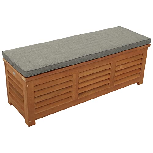 DEGAMO Kissenbox Kissentruhe mit Deckel 128 x 42 x 43,5 cm, Eukalyptus Holz braun geölt, mit Auflage grau, FSC®-Zertifiziert