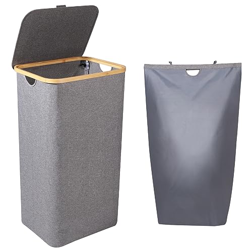 Lannvan Wäschekorb mit Deckel, 100L Wäschekorb Grau mit Abnehmbar Wäschesack - Faltbarer Schmutzwäschebehälter Wäschetonne Wäschebox für Kleidung, Decken, Bettlaken, Spielzeug
