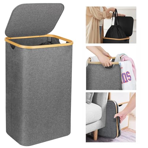 Wäschekorb -100L Waschbarer und hygienischer Groß Wäschesammler schmal mit herausnehmbarem Wäschesack-Wäschekorb mit Deckel & Bambusrand - Wäscheboxen - waschkorb (Grau)