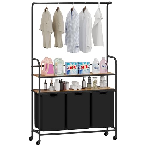 kepptory Wäschekorb 3 Fächer, Wäschetrenner 3 Fächer mit Ablage, Wäschesammler 3 Fächer mit Rad und Wäscheleine Stange, Wäschesortierer 3 Fächer Wäschekorb Regal für Wäscherei, Bad, Zimmer