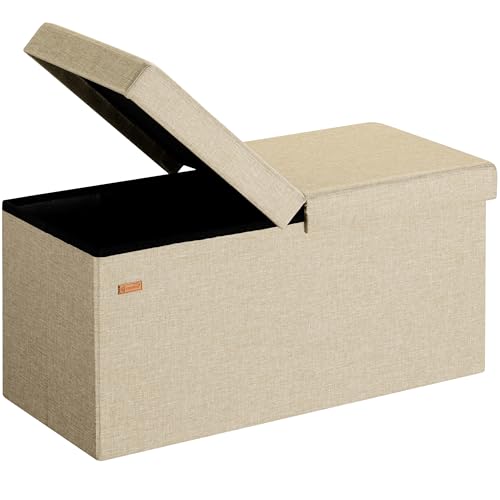 Casaria® Sitzbank mit Stauraum Faltbar Beige 80x40x40cm Gepolstert Deckel Leinen - Optik Schlafzimmer Wohnzimmer Flur Sitztruhe Truhenbank Polsterbank