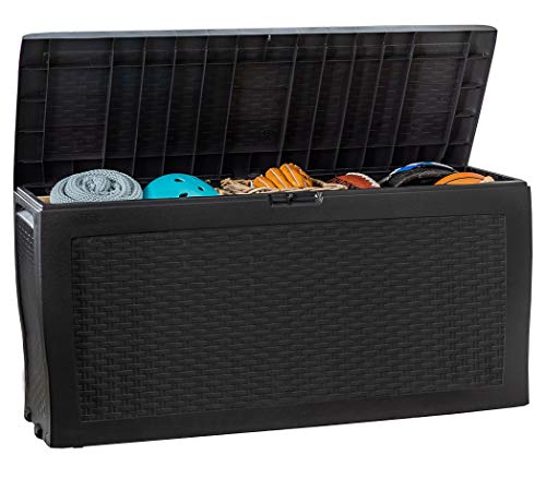 Koll Living Gartenbox mit 270 Liter Fassungsvermögen - wetterfester Stauraum, der Inhalt bleibt trocken und Wird belüftet - Moderne Flechtoptik - mit Griffen und Rollen (Graphit)