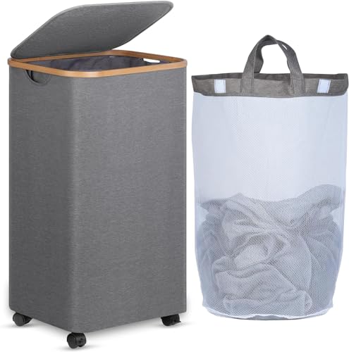 efluky Wäschekorb mit Rollen 100L, XL Wäschekorb mit Deckel mit Herausnehmbarer und Waschbarer Innentasche, Grau Wäschekorbs Extra Große aus Bambus für Waschküche, Schlafzimmer, Badezimmer