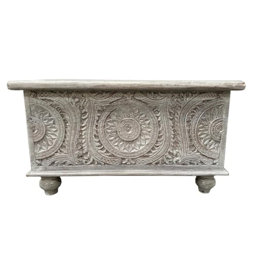 Oriental Galerie Shabby Chic Holztruhe Indische Truhe mit aufwendiger Schnitzerei weiß 80cm