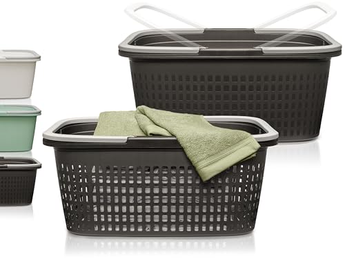 Hausfelder Wäschekorb mit Henkel 35l, Wäschewanne aus Kunststoff 2er Set, Korb groß und Wanne stabil für Wäsche mit Griffen (Anthrazit-Schwarz, 1 Korb + 1 Wanne)