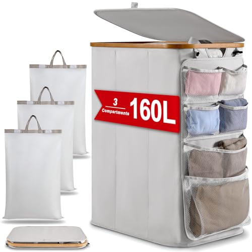 DOKRVLOQ Wäschesammler Wäschekorb 3 Fächer mit Deckel 160L Upgrade Hängeorganizer Wäschesortierer Groß Laundry Baskets Faltbarer Wäschekörbe Bambus Wäschebox für Schmutzwäsche WäSchetonne Hellgrau