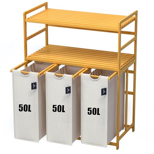 Tiklife Wäschekorb 3 Fächer 2 Regale ausziehbarer und abnehmbarer Wäschesack Wäschesortierer Wäschesortierer mit Bambusrahmen laundry basket HellGrau 06-13