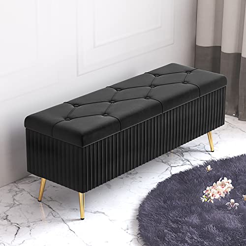 Samt gepolsterte Sitzbank mit Stauraum, Ottomane mit gepolstertem Sitz, moderne Schuhbank und Truhe für Eingangsbereich, Schlafzimmer oder Wohnzimmer, Schwarz