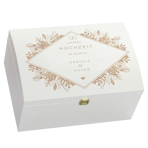 LAUBLUST Holztruhe zur Hochzeit mit Verschluss - Personalisierte Geschenkkiste mit Gravur | ca. 35x25x19 cm - Hochzeitstruhe personalisiert mit Namen & Datum - FSC® (Florale Raute, Weiß ohne Schlitz)