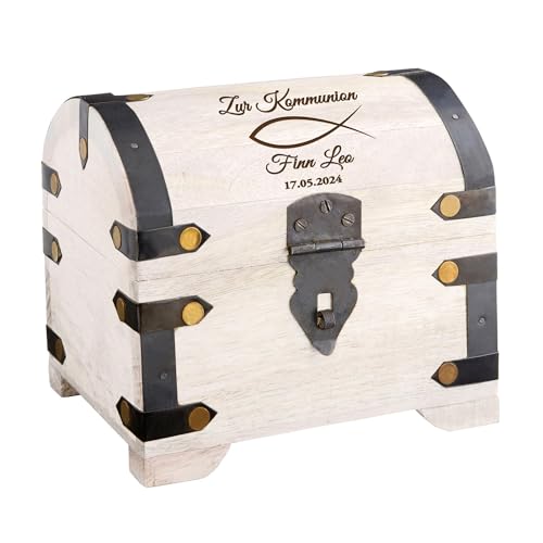 Casa Vivente Weiße Schatztruhe mit Gravur zur Kommunion, Fisch Motiv, Personalisierte Schatzkiste, Deko Holztruhe, Kommunion Geschenk, Geschenke zur Kommunion, Kommunionsgeschenke, Geldgeschenk