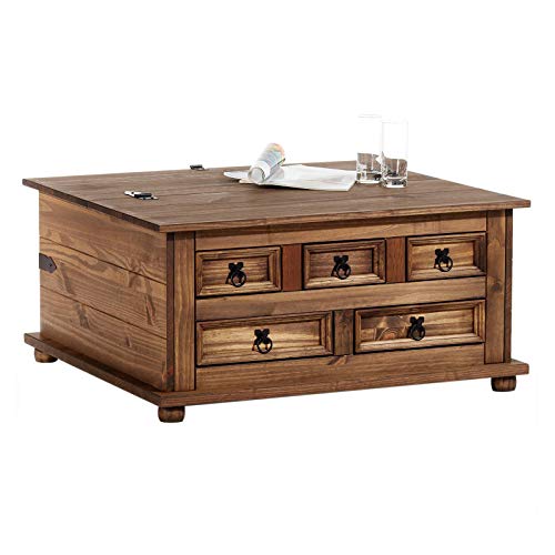 IDIMEX Mexico Möbel Truhentisch Tequila Couchtisch Truhe Wohnzimmertisch Beistelltisch im Mexiko Stil mit 5 Schubladen in braun