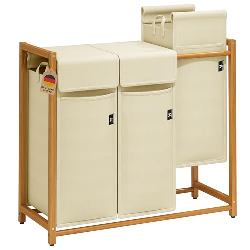 AdelDream Wäschekorb bambus Wäschesortierer Wäschesammler 3 Fächer Wäschewagen mit abnehmbaren Wäschesack Wäschebox Laundry Basket 150L Beige ?