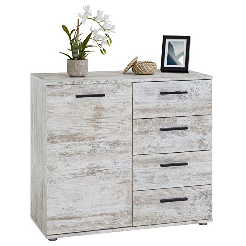 Kommode Sideboard Schrank Chicago Shabby Chic, mit Tür und 4 Schubladen, Vintage Look Highboard