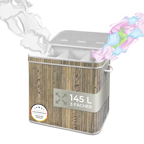 osoltus Wäschebox Camps Bay aus Bambus - Wäsche-Sortierer mit Deckel - Bad-Organzier - Wäschetruhe - Badezimmer Wäsche-Sortiersystem - 3 Fächer, Natur Grau - 145 L