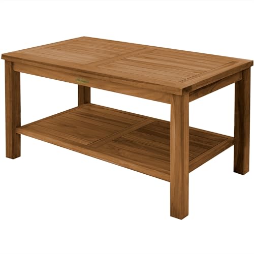 Teako Design Couchtisch Palermo Teak Massivholz, Robuster Outdoor Holztisch, Nachhaltige Teakholzmöbel für den Garten, Wetterbeständiger Gartentisch mit Ablage