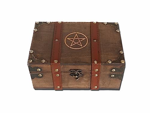 vuagmiv Holz- und Ledertruhe, Pentagramm-Gravur, Holzkiste mit Samtfutter, Pentagramm-Wicca-Zubehör und Werkzeug-Aufbewahrungsbox und Aufbewahrungsbox