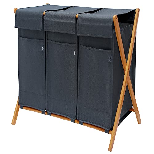 AdelDream Wäschekorb 3 Fächer 150 L Bambus Wäschesammler Wäsche Sortiersystem X-förmige Wäschebox laundry baskets Wäschesortierer