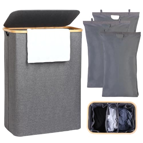 Wäschekorb 3 Fächer mit Deckel Grau, 160L herausnehmbaren Wäschesammler schmal mit Deckel 3 fächer, Wäschebox, Waschekorbsammler Wäschesortierer-pfandfla schen sammelbehälter