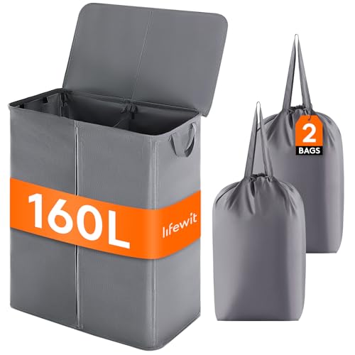Lifewit 160L Wäschekorb mit Deckel 2 Fächer, Wäschesammler mit 2 herausnehmbaren Wäschesäcken, Faltbar Wäschesortierer Laundry Baskets Wäschebox Stoff Wäschekörbe für Badezimmer Schlafzimmer, Grau