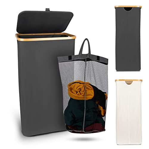 NEWARK Wäschekorb mit Deckel - Edler Wäschesammler mit Wäschenetz - Zusammenfaltbarer Wäschekorb Klein - Premium Laundry Baskets - Platzsparender Wäschekorbsammler 83L Dunkelgrau