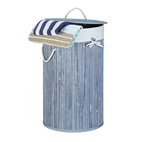 Relaxdays Wäschekorb Bambus, faltbare Wäschetonne mit Deckel, Volumen 70 Liter, Wäschesack Baumwolle, rund Ø 41 cm, grau