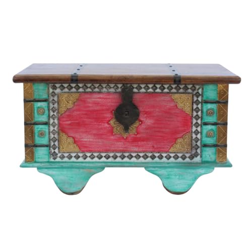 Oriental Galerie Schatztruhe Truhe Kiste Box Holztruhe Palisanderholz mit Messingbeschlag Indien Holz Massiv Shabby Chic Antik 80 cm Türkis/Rot/Gold