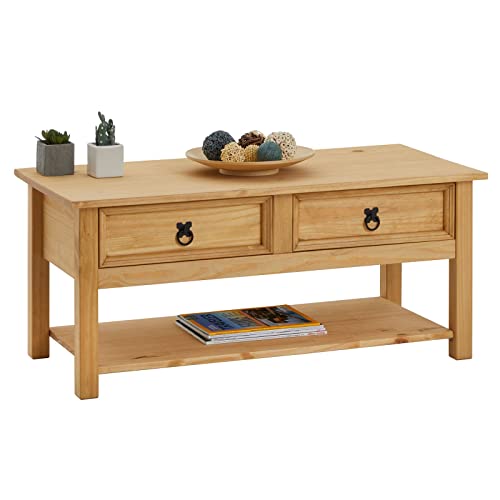 IDIMEX Couchtisch Tequila, schöner Beistelltisch mit 2 Schubladen, Wohnzimmertisch im Landhaus Stil, eleganter Sofatisch mit Ablageplatte gebeizt