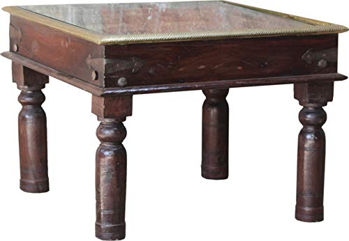 GURU SHOP Kolonialstil Kaffeetisch, Couchtisch mit Glasplatte, Braun, Mangoholz, 45x60x60 cm, Kaffeetische & Bodentische