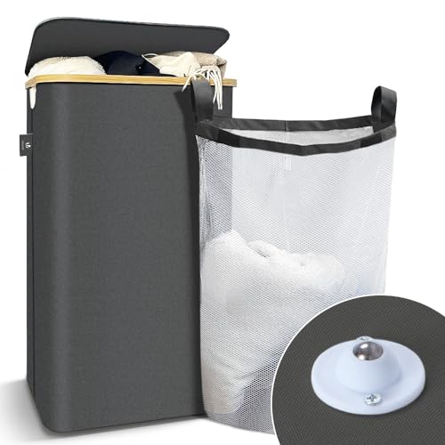 VOUNOT Wäschekorb mit Deckel 100L, Faltbarer Wäschesammler mit Herausnehmbar Wäschesäcke, Laundry Baskets Wäschebox Schmal, Grau